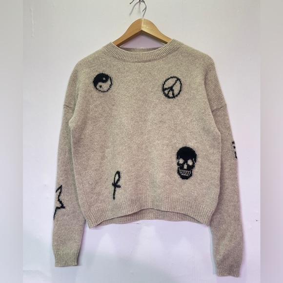360 Cashmere Santi Beige Black Sweater Hamsa Peace Sign Sz Small - Picture 4 of 9